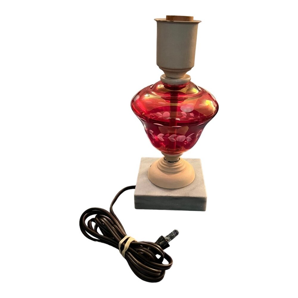 Vintage Red Glass Accent Table Lamp With White Floral Etching & Marble Base 9" T - Picture 6 of 11